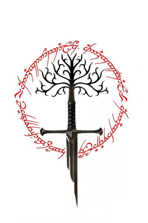 Lord of the rings sword of the king the white tree of gondor and ring of power Tolkien Tattoo, White Tree Of Gondor, Tree Of Gondor, Lotr Tattoo, Lord Of The Rings Tattoo, Tattoo Diy, Stick N Poke, Lotr Art, Ring Tattoos