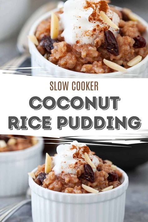 Hands-off rice pudding ready in just four hours in the slow cooker. Made with brown rice and coconut milk, this recipe boasts extra fiber and is vegan-friendly and gluten-free! #dessert #recipes Crock Pot Brown Rice Recipes, Slow Cooker Brown Rice Recipes, Coconut Rice In Rice Cooker, Brown Rice Slow Cooker, Coconut Rice Pudding Recipe, Slow Cooker Puddings, Crockpot Rice Pudding, Crockpot Dairy Free, Coconut Milk Rice Pudding