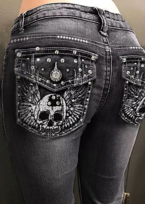 Twd Fashion, Early 2000s Outfits, Skull Jeans, Affliction Clothing, Digital Wardrobe, Bling Jeans, 2000s Outfits, Thrifted Outfits, Gray Jeans