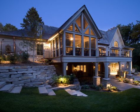 Love this one!   houzz.com/pro/williamcostello/murphy-co-design'>Murphy & Co. Design Walkout Basement Patio, Cheap Basement Ideas, Basement Bar Plans, Basement Bar Designs, Sunroom Designs, Lake House Plans, Walkout Basement, Traditional Exterior, Big Windows