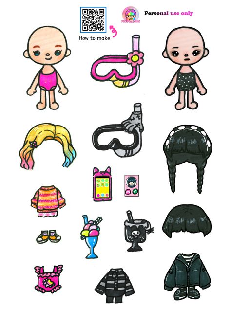 Toca Boca Paper Doll Wednesday, Toca Boca Pepper Doll, Lol Paper Doll, Pink Ping World Printables, Pink Ping World Paper Doll, Paper Dollhouse Printable, Princess Paper Dolls Printable, Ramdan Mubarak, Wednesday Enid