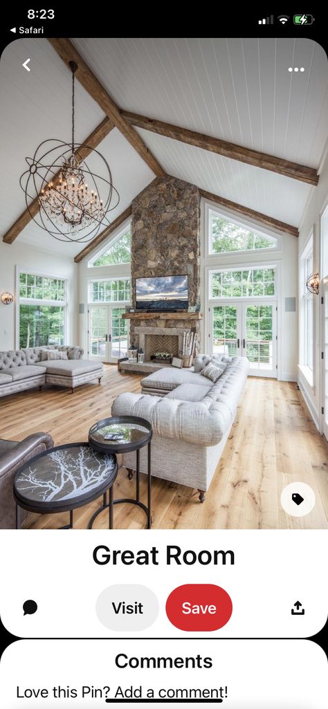 Great Room With Window Wall, Vaulted Ceiling Addition, Four Seasons Room With Fireplace, Living Room With Windows On 3 Sides, Cathedral Living Room, Farmhouse Great Room, Great Room Windows, Cottage Great Room, Cathedral Ceiling Living Room