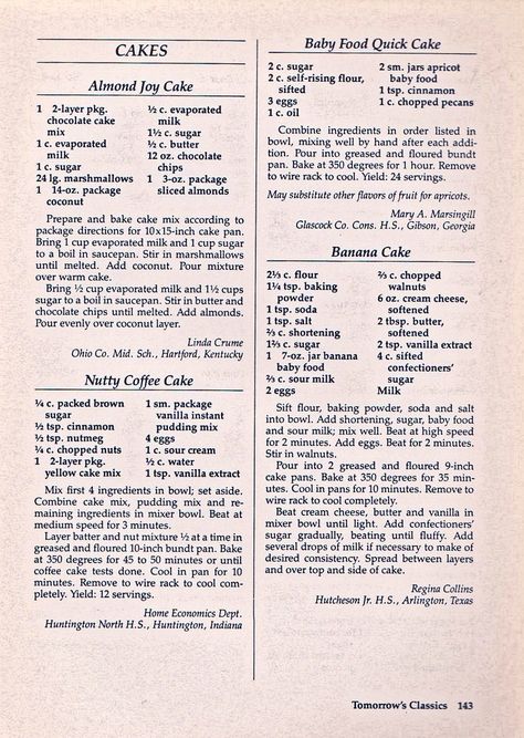 Home Economics Recipes, Vintage Holiday Recipes, Almond Joy Cake, Newspaper Recipes, Silver Palate, Frugal Cooking, 90s Home, School Recipes, Quick Cake