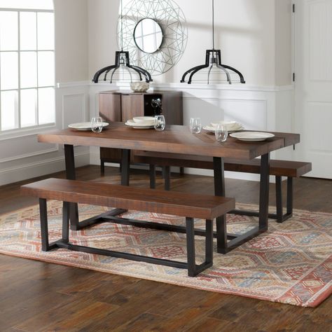 Walker Edison Furniture Co. Mahogany And Black 3 Piece Farmhouse Dining Set C72dsdbma 3 | Bellacor Bench Tables, Distressed Table Top, Black Dining Set, Farmhouse Dining Set, Distressed Table, Nook Dining Set, Nook Table, Walker Edison Furniture, Bar Table And Stools