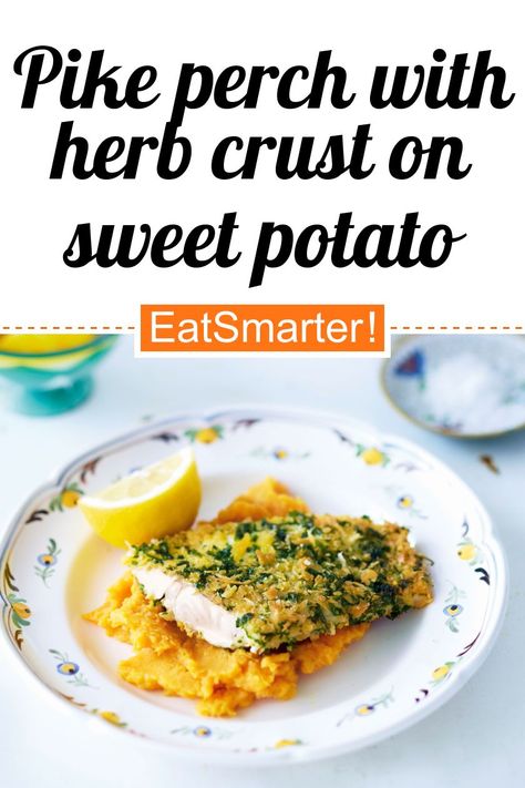 Figurbewusst genießen: Pike perch with herb crust on sweet potato puree - 496 kcal - simple dish - So healthy is the recipe: 90.0/10 | A recipe idea by EAT SMARTER | High-protein, 400-500 Calorie #fish #healthyrecipes Fish Sweet Potato, Sweet Potato Puree, Kohlrabi Recipes, How To Cook Artichoke, A Balanced Meal, 500 Calorie, Radish Recipes, Low Cholesterol Recipes, Turmeric Recipes