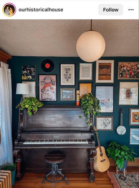 Gallery Wall Around Piano, Over The Piano Decor Wall Art, Living Room With Instruments, Piano Area Decor, Piano Gallery Wall, Gallery Wall Over Piano, Piano Studio Room Ideas, Music Nook In Living Room, Mid Century Music Room