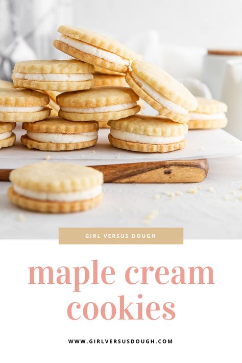 Crumbl Maple Cream Sandwich, Maple Cream Filled Cookies, Maple Cream Sandwich Cookies, Maple Thumbprint Cookies, Maple Cream Cookies, Maple Cookies With Maple Frosting, Easy Desserts Recipes, Maple Buttercream Frosting, Maple Desserts