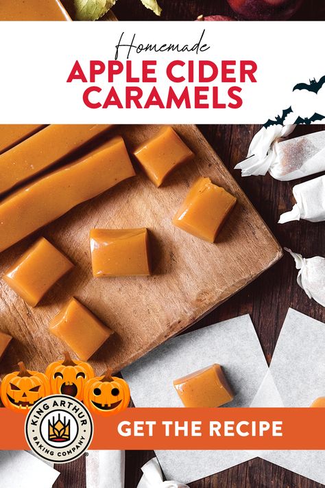 Apple pie meets caramel in these soft, chewy candies. When wrapped in parchment they're the perfect homemade treat to hand out on Halloween. Homemade Caramels Recipe, Apple Cider Fudge, Caramel Apple Cider Recipe, Easy Microwave Fudge, Salted Caramel Candy, Homemade Caramel Recipes, Candy Man, Homemade Apple Cider, Apple Cider Caramels