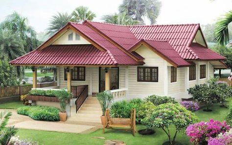 Dream house Small House Images, Red Roof House, Small House Architecture, Beautiful Small Homes, Tropical House Design, House With Balcony, House Roof Design, Thai House, Kerala House Design