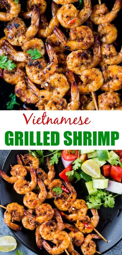 Vietnamese Grilled Shrimps are Shrimps marinated in lemongrass, fish sauce, spices and grilled till golden brown. Refreshing lemon flavour, pungent fish sauce and aromatic spices make grilled shrimps so delicious. #shrimp #grilling #barbecue # Grilled Shrimp Marinade, Best Grilled Shrimp Recipe, Easy Grilled Shrimp Recipes, Marinated Grilled Shrimp, Avocado Ranch Dressing, Shrimp Kabobs, Grilled Shrimp Skewers, Chili Dip, Bbq Pork Ribs