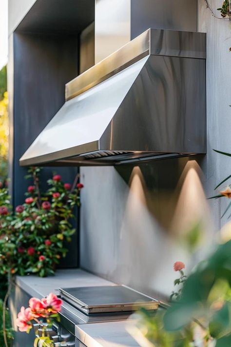 Creative Outdoor Grill Exhaust Hood Concepts Exhaust Hood Ideas, Kitchen Half Wall, Half Wall Ideas, Grill Canopy, Outdoor Cooking Spaces, Hood Ideas, Kitchen Ventilation, Outdoor Cooking Area, Stainless Steel Hood