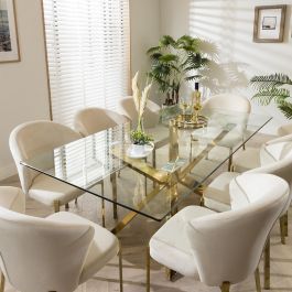 Glass Dining Table Decor, Glass Dinning Table, Glass Table Decor, Gold Pedestal, Glass Dining Room Table, Velvet Chairs, Dining Table Gold, Mid Century Dining Chairs, Velvet Chair