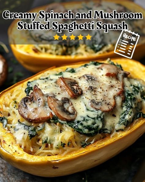 Creamy Spinach and Mushroom Stuffed Spaghetti Squash 🍄🌿 Squash Recipes Easy, Squash Recipes Healthy, Spaghetti Squash Recipes Healthy, Spaghetti Squash Recipes Easy, Stuffed Spaghetti Squash, Mushroom Stuffed, Spinach And Mushroom, Stuffed Squash, Spinach Mushroom