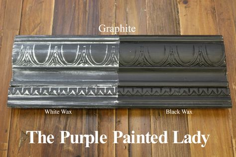 The Purple Painted Lady - Two coats of Graphite Chalk Paint® by Annie Sloan. Then- ONE coat of Clear wax over the ENTIRE board. ONE coat of White Wax on the left and ONE coat of Black Wax on the right. Bookcase Quilts, Purple Painted Lady, Graphite Chalk Paint, Annie Sloan Chalk Paint Colors, Annie Sloan Graphite, Napoleonic Blue, Shared Nursery, Annie Sloan Painted Furniture, Blue Chalk Paint