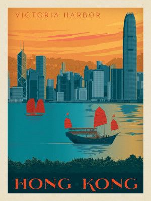 China: Hong Kong, Victoria Harbor Hong Kong Print, Hong Kong Art, Anderson Design Group, Modern Postcard, Victoria Harbour, Travel Canvas, Vintage Poster Design, China Hong Kong, Hong Kong Travel