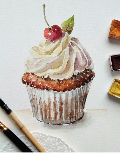 Watercolour Cupcake, Watercolour Cake, Food Watercolor, Rustic Painting, Watercolor Cake, Water Colours, Pastry Art, Gouache Art, Xmas Card