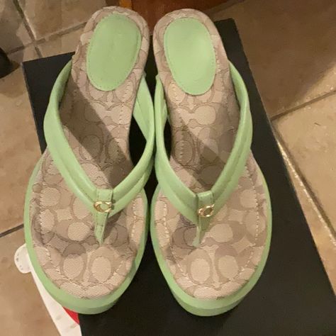 ****No Low Ball Offers!!!**** This Listing Is For A Brand New Without Box, With Tags (On Bottom Of Shoes) Pair Of Coach Pistachio (Green) Platform Wedge Flip Flops In Size 9. Please Look At All Pictures And Ask Any Questions That You May Have. ****No Low Ball Offers!!!**** Thank You For Looking And God Bless !!!! Pistachio Green Outfit, Dream Shoe, Coach Sandals, Green Platform, Pretty Heels, Capsule Closet, Wedge Flip Flops, 2000s Fashion Outfits, Pistachio Green