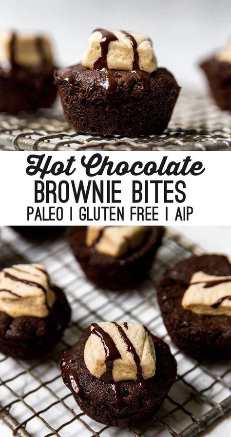 These paleo hot chocolate brownie bites are the perfect treat for winter! They're paleo, AIP, and topped off with a marshmallow. Paleo Chocolate Recipes, Paleo Hot Chocolate, Chocolate Brownie Bites, Hot Chocolate Brownies, Unbound Wellness, Autoimmune Recipes, Aip Desserts, Autoimmune Paleo Recipes, Aip Paleo Recipes