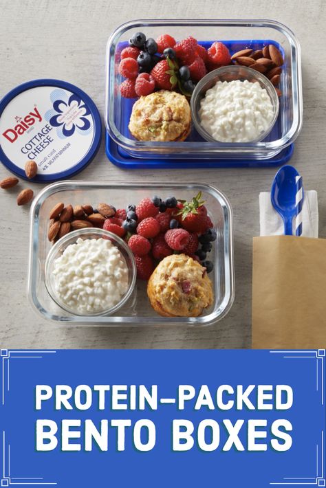 While packing lunches for the kids, make sure you don't forget about yourself! These Protein-Packed Bento Boxes are the perfect healthy lunch. Cottage Cheese Bento Lunch, Ham Muffins, Travel Ball, Daisy Brand, Daisy Cottage, Cottage Cheese Eggs, Meal Prep Plans, Breakfast And Brunch, Cottage Cheese Recipes