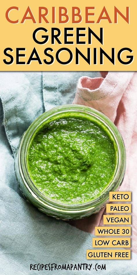 Jamaican Green Seasoning is vibrant, fragrant & full of aromatic herbs. An easy-to-make seasoning that is chock full of amazing Caribbean flavors, this Caribbean Green Seasoning recipe is super versatile & can be used in all sorts of recipes! After just one taste, you'll make sure to always keep a supply on hand! Click through to get this awesome green sauce!! #greenseasoning #homemadeseasonings #jamaicanrecipes #jamaicangreenseasoning #caribbean #vegan #glutenfree #trinidad #seasoning #herbs Caribbean Green Seasoning, Green Seasoning Caribbean, Caribbean Seasoning, Green Seasoning Recipe, Barbados Recipes, Caribbean Vegan, Chef Bae, Caribbean Dishes, Green Seasoning