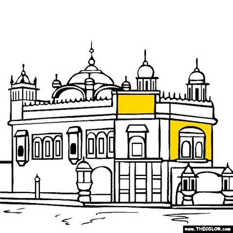 Golden Temple, Amritsar, Punjab, India coloring Golden Temple Drawing, Temple Drawing Easy, Guru Nanak Photo, Ancient Persian Art, Colors For Children, Temple Drawing, Golden Temple Amritsar, Venice Painting, Disney Drawings Sketches