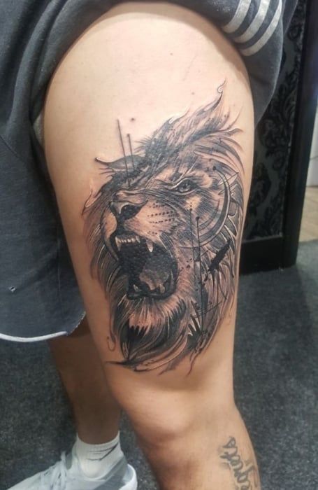 Lion Tattoo On Upper Arm, Lion Tattoo On Thigh Men, Lion Leg Tattoo Men, Lion Abstract Tattoo, Tattoo Thigh Man, Upper Leg Tattoo Men Thigh Piece, Lion Tattoo Thigh, Upper Back Tattoo Men Ideas, Upper Leg Tattoo Men