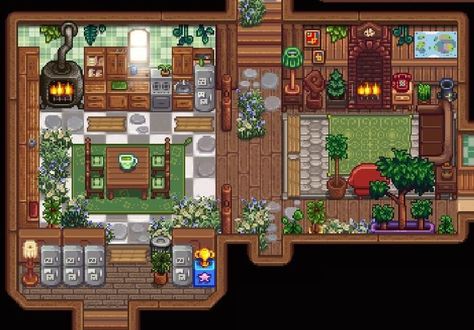 Aesthetic Stardew Valley House, Stardew Dining Room, Stardew Home Design, Stardew Valley Storage, Stardew Shed Layout, Stardew Bedroom, Stardew Valley Kitchen Design, Stardew Valley Home Interior, Stardew Valley Interior Design