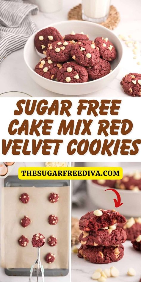 Sugar Free Cake Mix Red Velvet Cookies, a simple and delicious five ingredient dessert or snack recipe made with no added sugar. Keto | LC. Sugar Free Chocolate Cake, Velvet Cookies, Sugar Free Baking, Sugar Free Recipes Desserts, Sugar Free Cake, Healthy Recipes For Diabetics, Red Velvet Cookies, Sugar Free Diet, Sugar Free Cookies