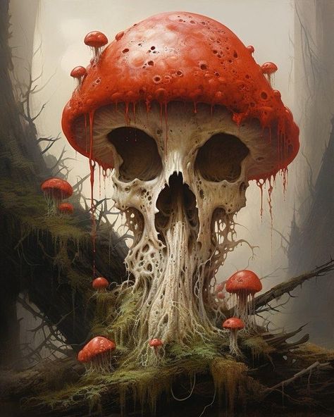 Mushrooms Tattoos, Gothic Mushroom, Halloween Mushrooms, Skull With Mushrooms, Spooky Scary Skeleton, Skull Artwork Illustrations, Skull Mushroom, Mushroom Skull, Fungi Art