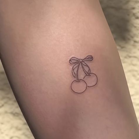 Cherry Ribbon Tattoo, Cherry Bow Tattoo, Croquette Tattoo, Bell Tattoo, Cherry Tattoo, Minimal Tattoo Designs, Minimal Tattoo Ideas, Cherub Tattoo, Small Girly Tattoos