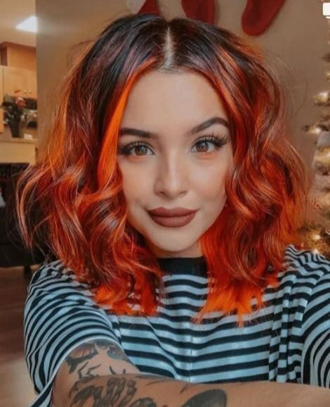 Medium Orange Hair, 2023 Red Hair Trends, Neon Orange Balayage, Dark Root Orange Hair, Shadow Root Orange Hair, Medium Length Orange Hair, Orange Balayage Hair Brunettes, Dark Roots Copper Hair, Copper Hair Shadow Root