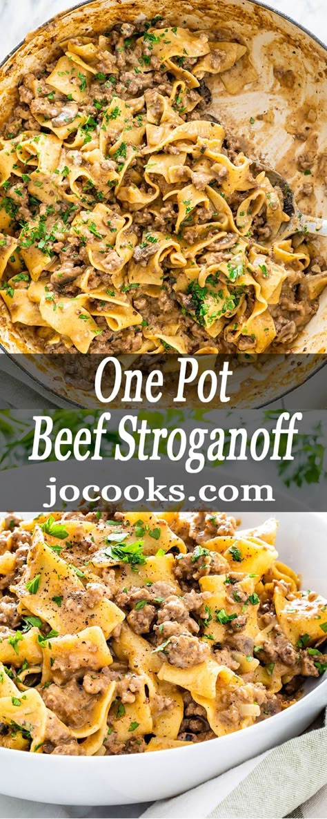 Meal With Mushrooms, One Pot Beef Stroganoff, Garlic Cream Sauce Recipe, Easy Skillet Dinner, Skillet Dinner Recipes, Jo Cooks, Cheesy Chicken Broccoli, One Pot Recipes, One Pot Dinners