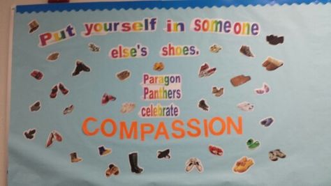 Compassion Bulletin Board Compassion Bulletin Board Ideas, Compassion Bulletin Board, Compassion Activities, Focus Ideas, Preschool November, Kids Church Decor, High School Bulletin Boards, Life Principles, Showing Compassion