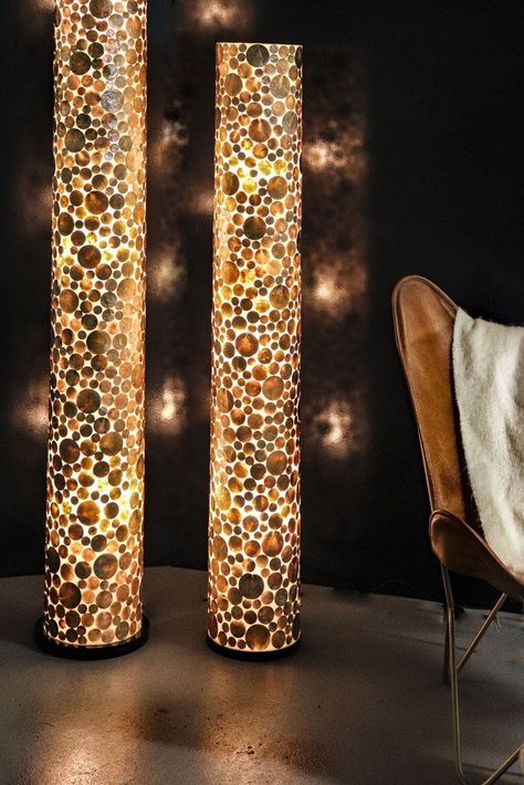 Stained Glass Floor Lamp, Tall Floor Lamp, Cylinder Lights, Gold Floor, Tall Floor Lamps, Sauna Design, Gold Floor Lamp, Coin Art, Glass Floor Lamp