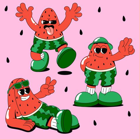 Watermelon character design illustration Watermelon Character, Watermelon Cartoon, Watermelon Illustration, Character Design Illustration, Jessica Lee, Watermelon Art, Fruit Cartoon, Instagram Reel, Fruit Illustration