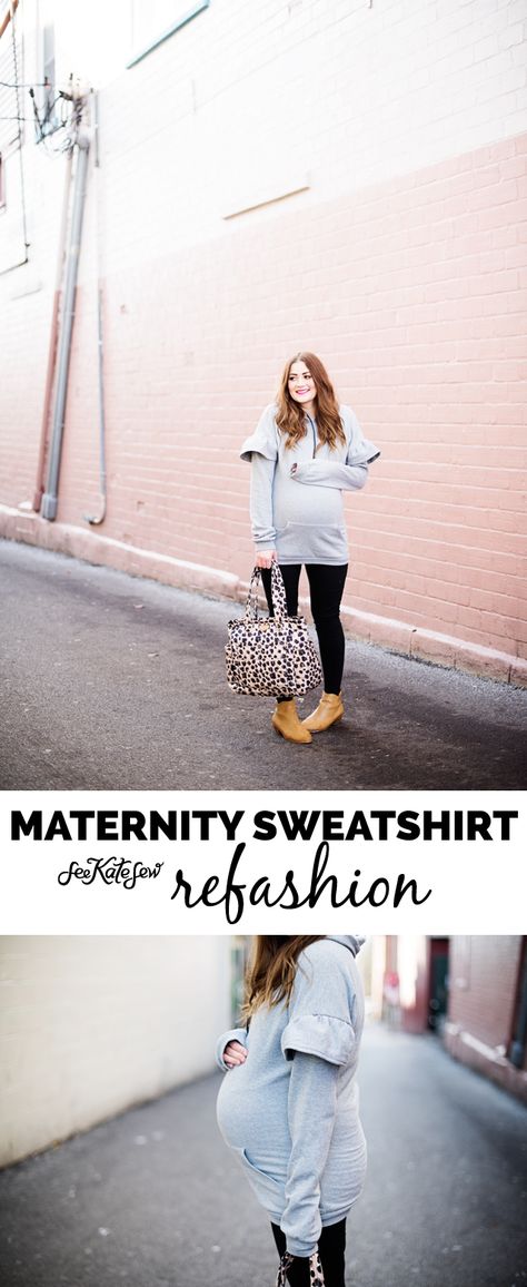 DIY Maternity Sweatshirt Refashion | diy maternity clothing | maternity clothing patterns | free sewing patterns | diy maternity clothes for winter | maternity sewing pattern || see kate sew #diymaternityclothing #freesewingproject #sewingpattern #sewingtutorials Sewing Patterns Winter, Maternity Clothing Patterns, Diy Sweatshirt Refashion, Diy Mat, Diy Maternity Clothes, Maternity Sewing Patterns, Maternity Sweatshirt, Nike Hoodies For Women, Maternity Sewing