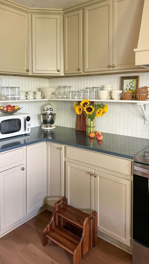 Alexis Cosinuke | Vintage bookcases upcycle or under cabinet shelving? Which is your favorite? 🤩 #kitchenremodel #kitchendesign #kitchenrenovation... | Instagram Under Cabinet Shelving Kitchen, Shelf Under Kitchen Cabinet, Above Cabinet Storage, Upcycled Kitchen Cabinets, Upcycle Bookcase, Erin Moran, No Upper Cabinets, Laundry Room Storage Ideas, Pantry Laundry Room