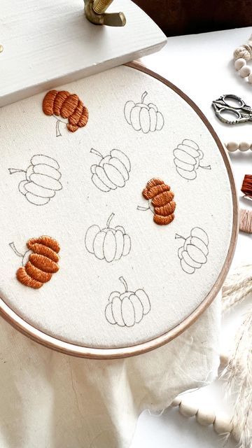 Pumpkin Hand Embroidery Patterns Free, How To Embroider A Pumpkin, Cute Fall Embroidery, Pumpkin Embroidery Patterns Free, Hand Embroidery Pumpkin, Embroidery Designs Halloween, Autumn Embroidery Designs, Fall Leaf Embroidery, Simple Fall Embroidery