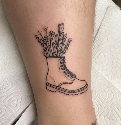 Doc Marten Tattoo, Gardening Tattoo Ideas, Dr Martens Tattoo, Illustrative Tattoo Style, Mini Tats, Tattoo Garden, Garden Tattoos, Cool Small Tattoos, Ink Master