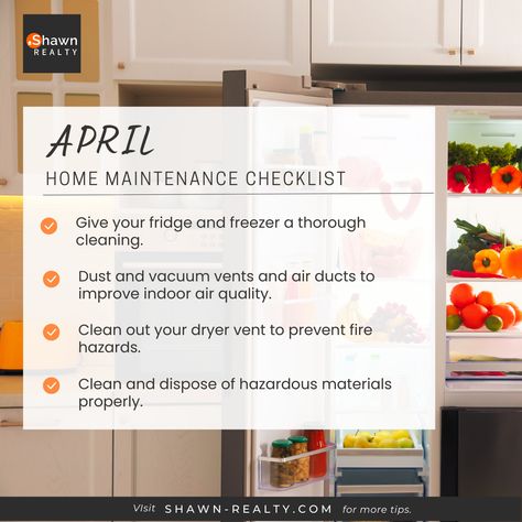 Spring has sprung, and it's time to give your home some love! Check out Shawn Realty's April Home Maintenance Checklist for some useful tips on keeping your home in tip-top shape. #HomeMaintenance #SpringCleaning #ShawnRealty Home Maintenance Checklist, Maintenance Checklist, Air Ducts, Improve Indoor Air Quality, Hazardous Materials, Dryer Vent, Fire Hazard, Useful Tips, Real Estate Tips