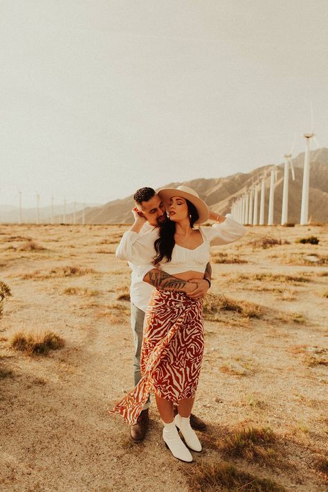 Palm Springs Windmill Couples Shoot // Palm Desert, CA // Sky & Chris — Oregon Wedding Photographer - Andie Avery Photography Windmill Photoshoot, Palm Springs Windmills, Desert Engagement Photos, Pre Wedding Photoshoot Outdoor, Couples Shoot, Palm Desert, Couple Photoshoot Poses, Couple Photoshoot, Oregon Wedding