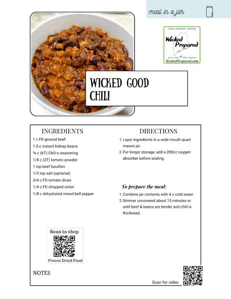 Wicked Prepared - Wicked Good Chili MIAJ Wicked Prepared, Chili In A Jar, Meal In A Jar Recipes, Meal In A Jar, In A Jar Recipes, Thrive Recipes, Emergency Preparedness Food, No Picture, Jar Recipes