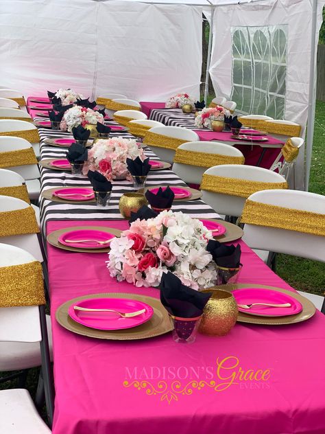 Birthday Dinner Table, Kate Spade Birthday Party, Black And Gold Party Decorations, Black And Gold Party, Purple Party Decorations, Kate Spade Party, Bday Stuff, Backyard Graduation Party, Painting Birthday Party