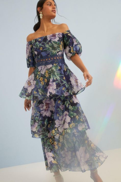 Garden Formal Attire, Garden Wedding Attire, Watercolour Dress, Curtain Dress, Garden Formal, Womens Bridesmaid Dresses, Bardot Midi Dress, Floral Bridesmaid Dresses, Studio Maternity