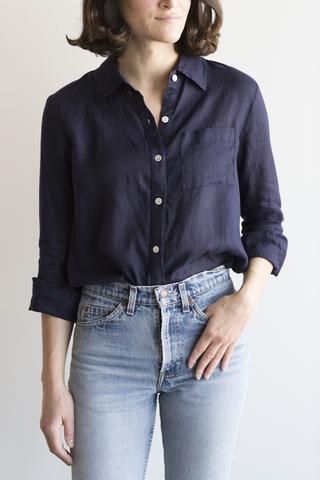 Long Sleeve in Navy Navy Linen Shirt Outfit Women, Navy Blue Button Down Shirt Outfit Women, Navy Button Up Shirt Women Outfit, Dark Blue Shirt Outfit Woman, Navy Blue Shirt Outfit Women, Navy Blue Shirt Outfit, Oxford Shirt Outfit, Wardrobe Office, Linen Shirt Outfit