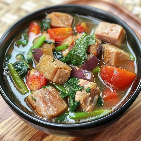 🍲 Experience the savory goodness of Sinigang na Baboy! #FilipinoFood #ComfortSoup Sinigang na Baboy (Pork in Tamarind Soup) Ingredients: Pork belly, cubed (1 lb) Water (6 cups) Tamarind soup mix (1 packet) Radish, sliced (1) Tomatoes, quartered (2) Green beans, trimmed (1 cup) Eggplant, sliced (1) Spinach leaves (1 cup) Fish sauce (2 tbsp) Salt and pepper to taste Instructions: Boil pork in water until tender. Add tamarind soup mix and vegetables. Simmer until vegetables are tender. Seaso... Tamarind Soup, Pork Sinigang, Soup Ingredients, Instagram Recipes, Twisted Recipes, Comfort Soup, Soup Season, Soup Mixes, Trending Recipes