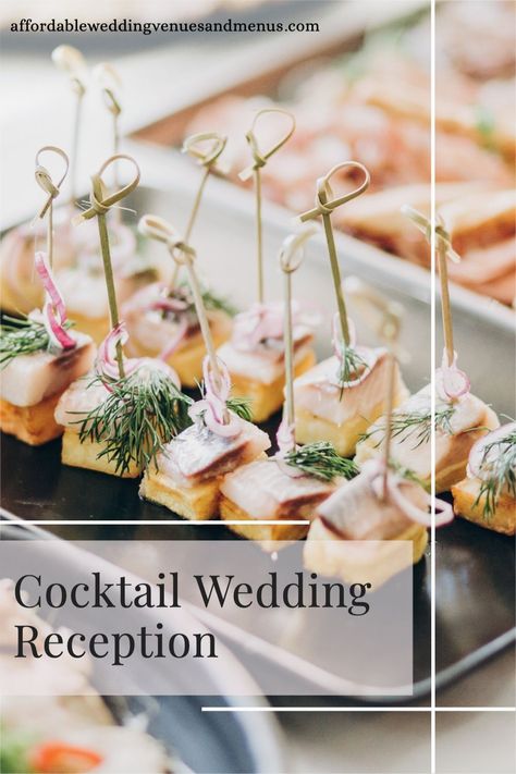 A cocktail wedding reception is a great way to stay on budget. Plan an evening reception and save money by serving cocktails and appetizers only. See signature wedding cocktails, signature drinks wedding cocktails. See what to serve at a cocktail party wedding. See a cocktail wedding menu. Plus a sample timeline for a cocktail wedding reception. Find out: is it really cheaper to have an appetizers only wedding? Cocktail Bar Wedding Receptions, What To Serve During Cocktail Hour, Cocktail Wedding Reception Timeline, Cocktail Reception Wedding Layout, Cocktail Party Reception, Cocktail Food Wedding, Cocktail Wedding Reception Decorations, Cocktail Reception Food, Wedding Cocktail Hour Snacks