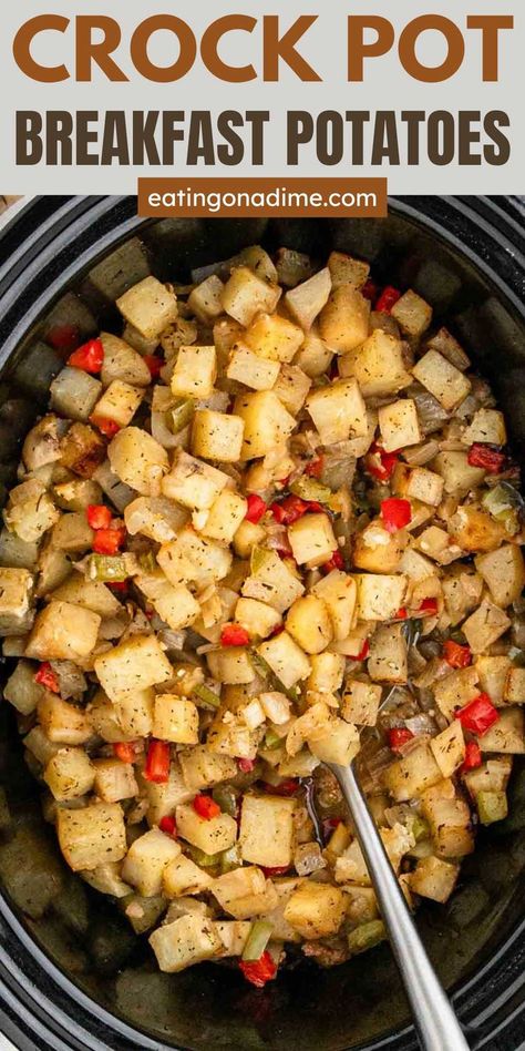 These Easy Crockpot Breakfast Potatoes make the best side dish to your breakfast recipes or brunch recipes. Tasty, delicious and easy to make! These breakfast potatoes are always on the menu as they take minimal time to prep and they can cook overnight. #eatingonadime #crockpotbreakfastpotatoes #easyrecipe Crockpot Recipes Overnight, Breakfast Crockpot Recipes Overnight, Crockpot Breakfast Potatoes, Easy Crockpot Breakfast, Overnight Crockpot Breakfast, Breakfast Casserole Crockpot, Slow Cooker Breakfast Recipes, Crunchwrap Recipe, Breakfast Crockpot