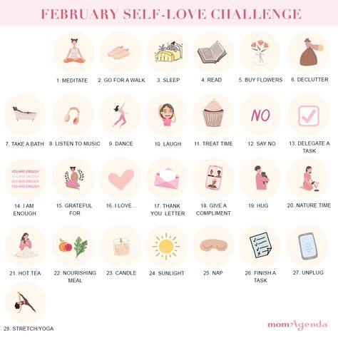 It's time for The momAgenda Self-Love February Challenge.  ​ Here's how it works:  ​1. Each day do 1 thing for your self-care/self-love ​2. Follow along at @momagenda for suggestions each day and comment below the daily post on Instagram or Facebook to keep yourself accountable  ​3. 5 WINNERS! On Feb 28th we will announce 5 winners who will receive the momAgenda Self-Care Planner  ​ ​Any questions? Let us know. We are so excited to do this with our momAgenda community. Much love 💗 February Self Care Calendar, Self Love February, February Daily Challenge, February Self Love Challenge, Self Care February, Valentine’s Day Self Care, Romanticize February, February Things To Do, February Instagram Posts