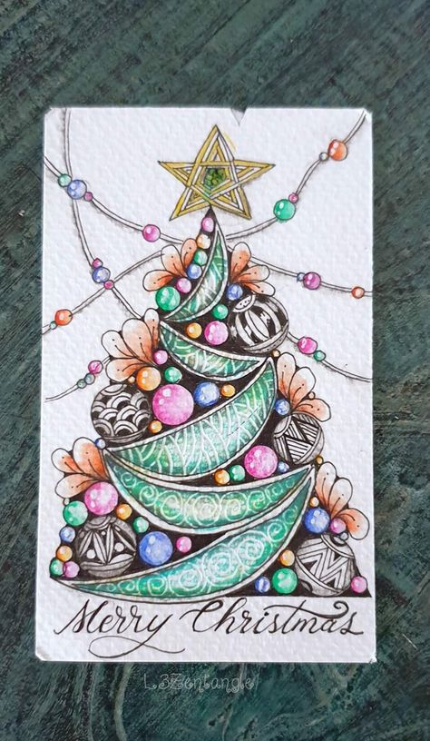 Christmas Tree Drawing, Christmas Mandala, Zentangle Artwork, Christmas Tree Art, Christmas Doodles, Christmas Card Art, Tangle Art, Christmas Tree Painting, Tangle Patterns